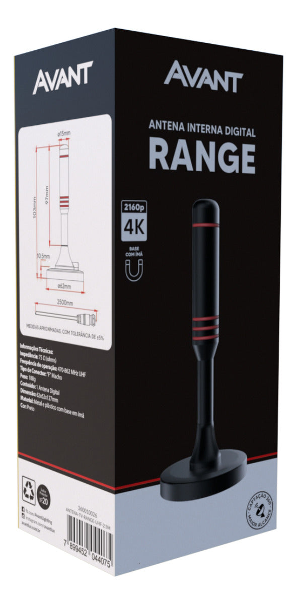 Antena Digital Tv UHD 4K Range Base Magnética e Cabo de 2,5 metros Preto Avant
