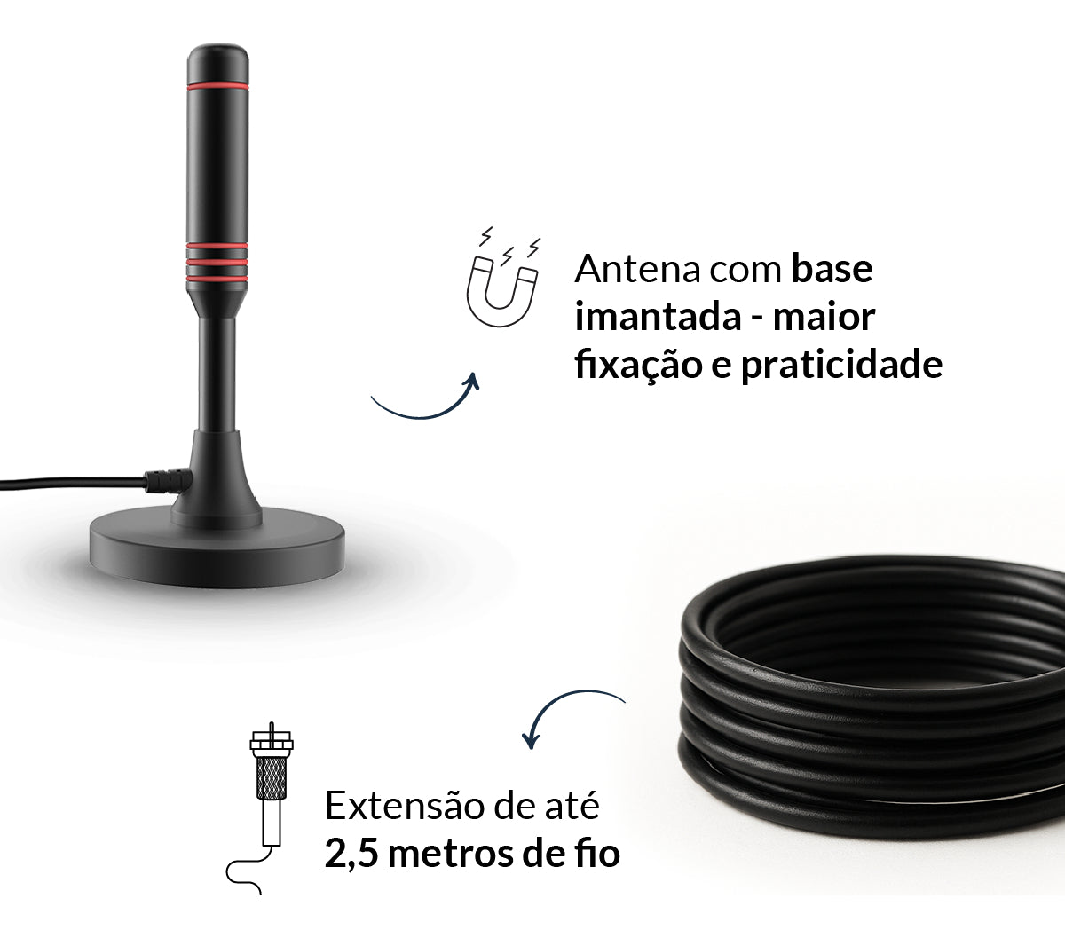 Antena Digital Tv UHD 4K Range Base Magnética e Cabo de 2,5 metros Preto Avant