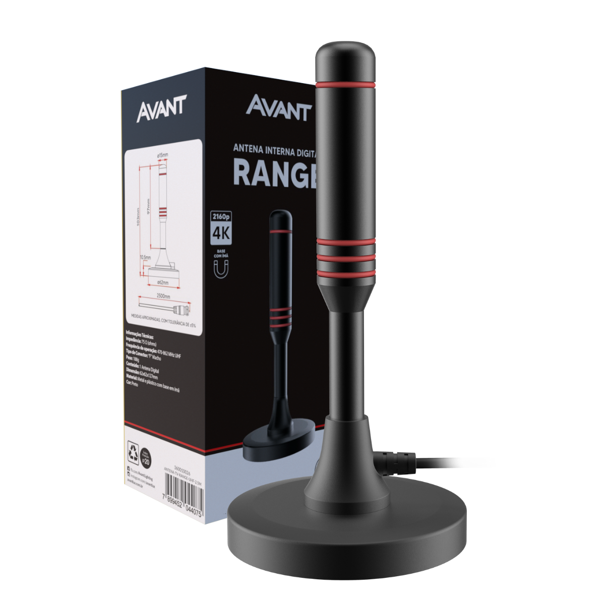 Antena Digital Tv UHD 4K Range Base Magnética e Cabo de 2,5 metros Preto Avant