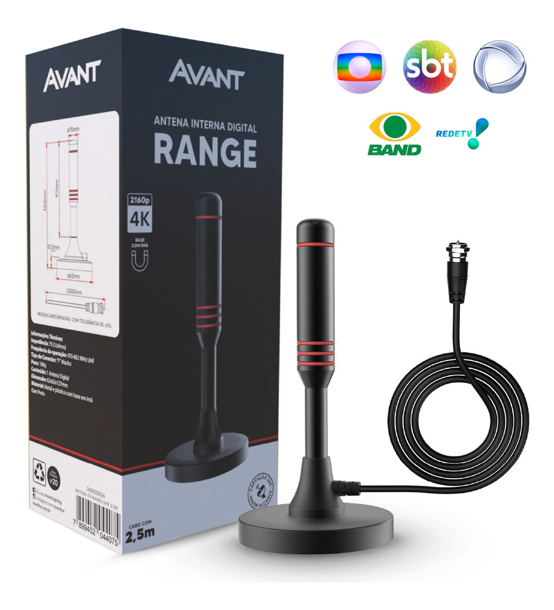 Antena Digital Tv UHD 4K Range Base Magnética e Cabo de 2,5 metros Preto Avant