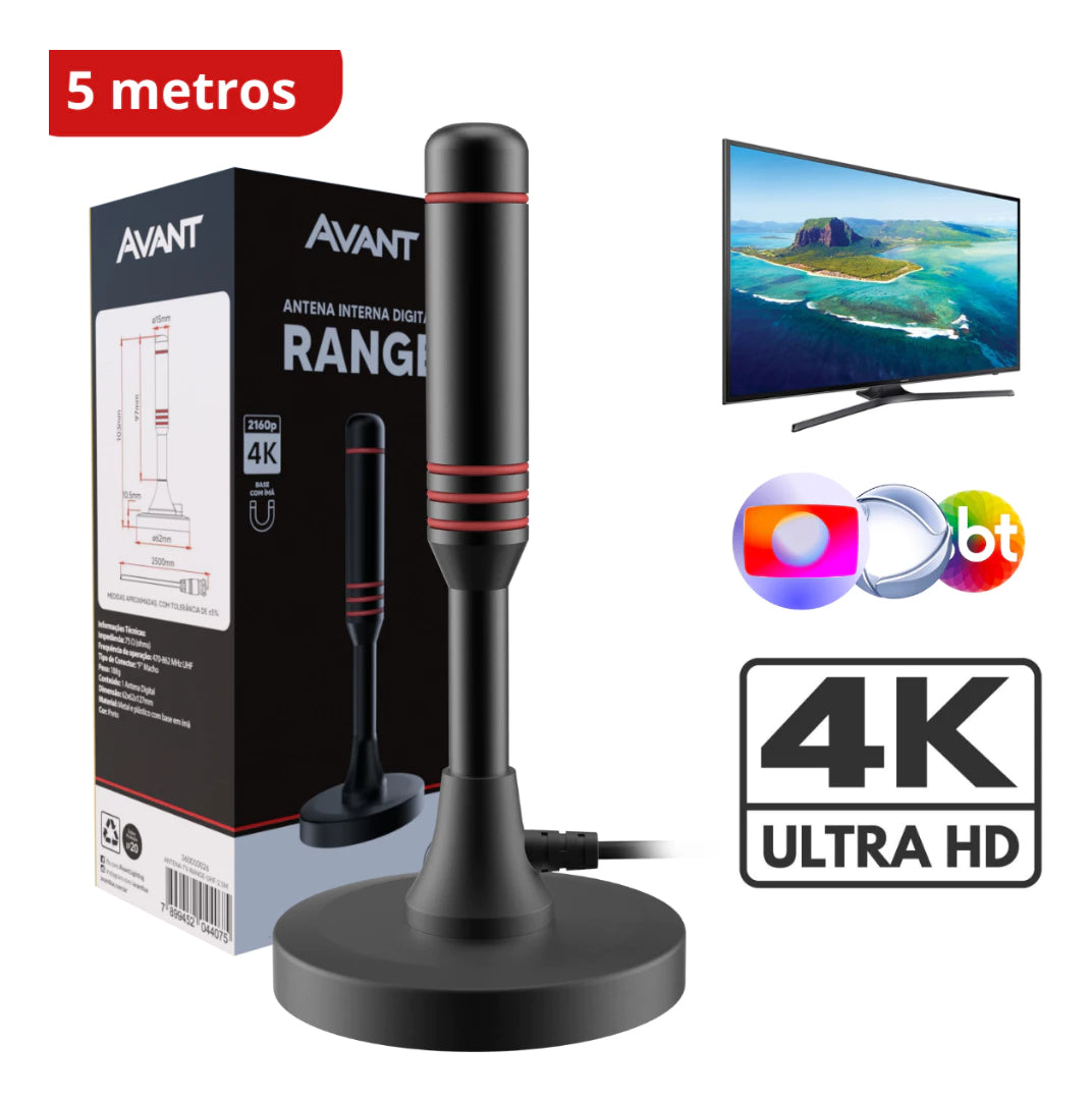 Antena Digital Tv UHD 4K Range Base Magnética e Cabo de 5 metros Preto Avant