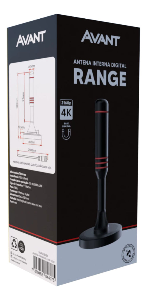 Antena Digital Tv UHD 4K Range Base Magnética e Cabo de 5 metros Preto Avant