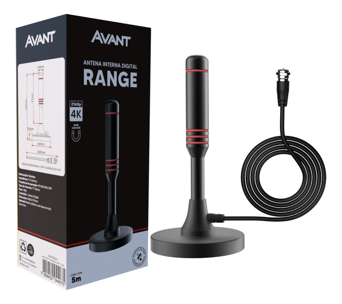 Antena Digital Tv UHD 4K Range Base Magnética e Cabo de 5 metros Preto Avant