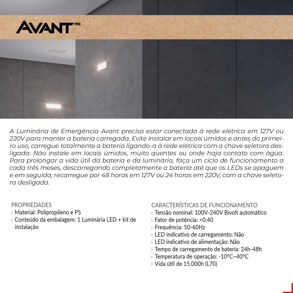 Luminária Led Emergência Barra 2w 6000K Branco Frio Bivolt Branco Avant