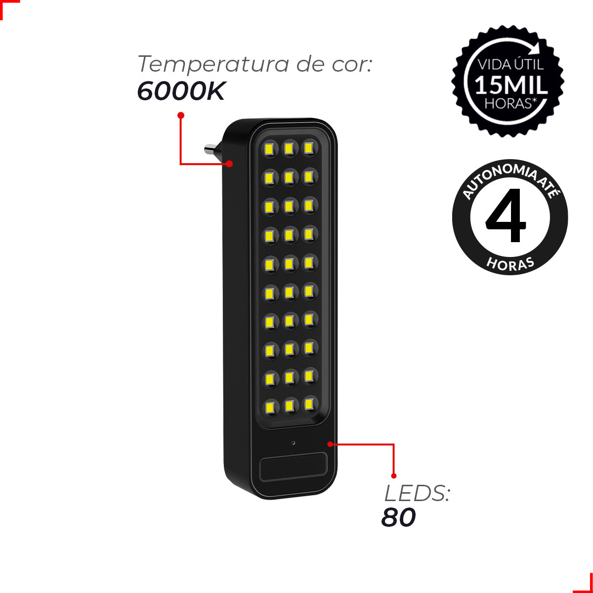 Luminaria Led Emergencia Barra Plug 2w 6000K Preto Avant Pro