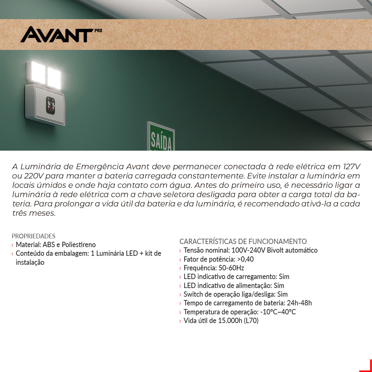 Luminaria Led Emergencia Bloco Evo 2w 6000K Branco Frio Bivolt Branco Avant Pro