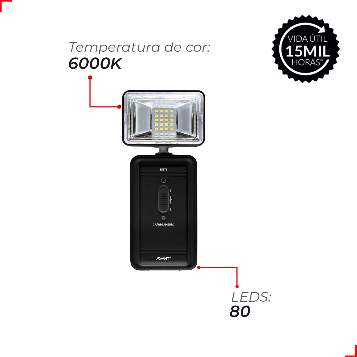 Luminaria Led Emergencia Bloco Evo 2w 6000K Branco Frio Bivolt Preto Avant Pro