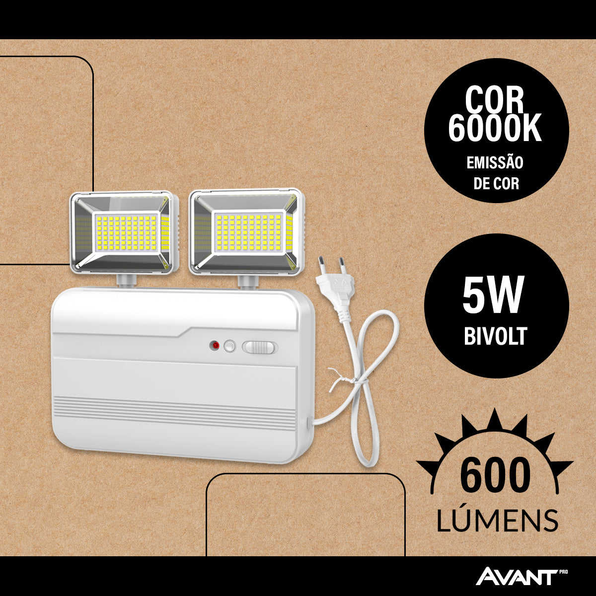 Luminaria Led Emergencia Bloco Evo 5w 6000K Branco Frio Bivolt Branco Avant