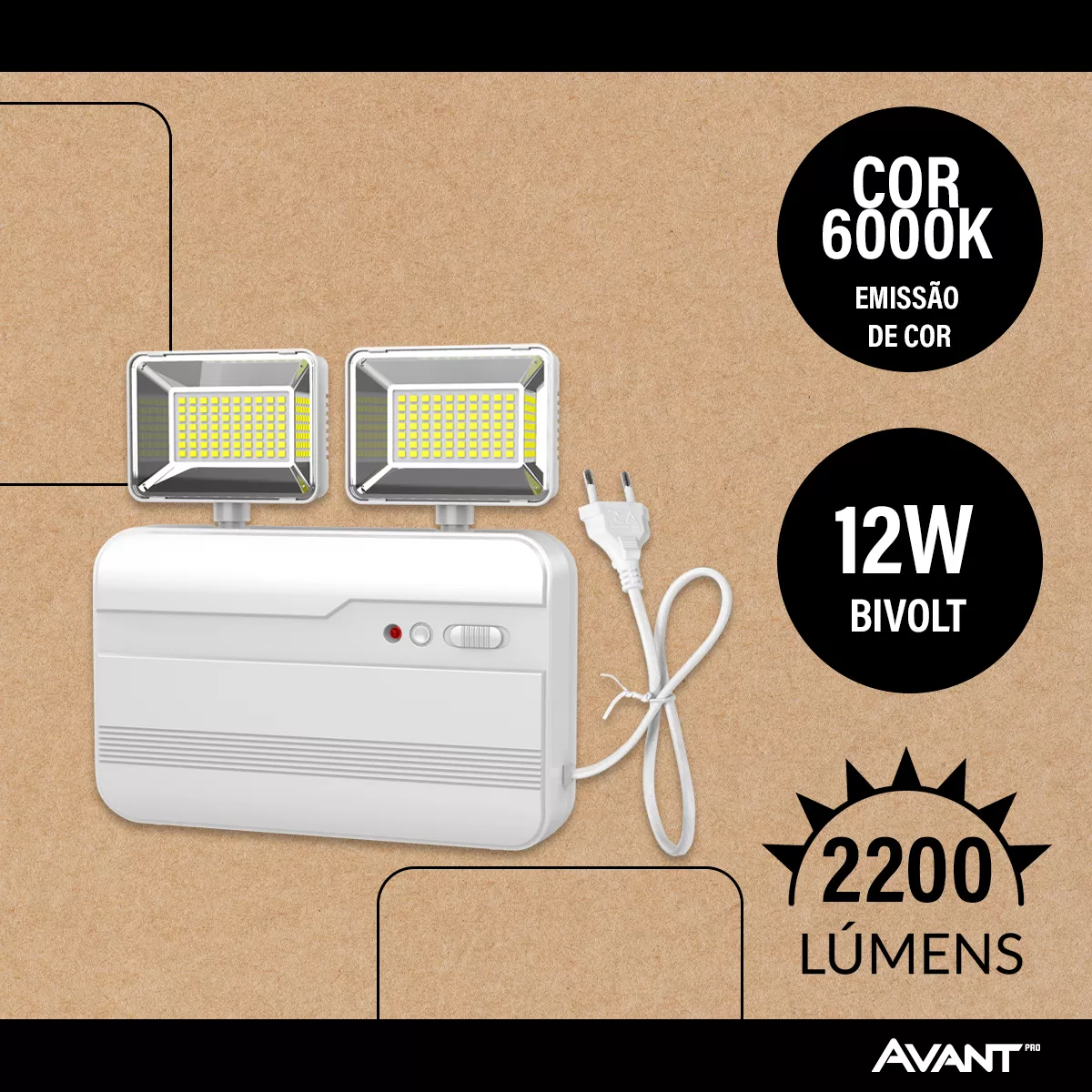 Luminaria Led Emergencia Bloco Evo 12w 6000K Branco Frio Bivolt Branco Avant