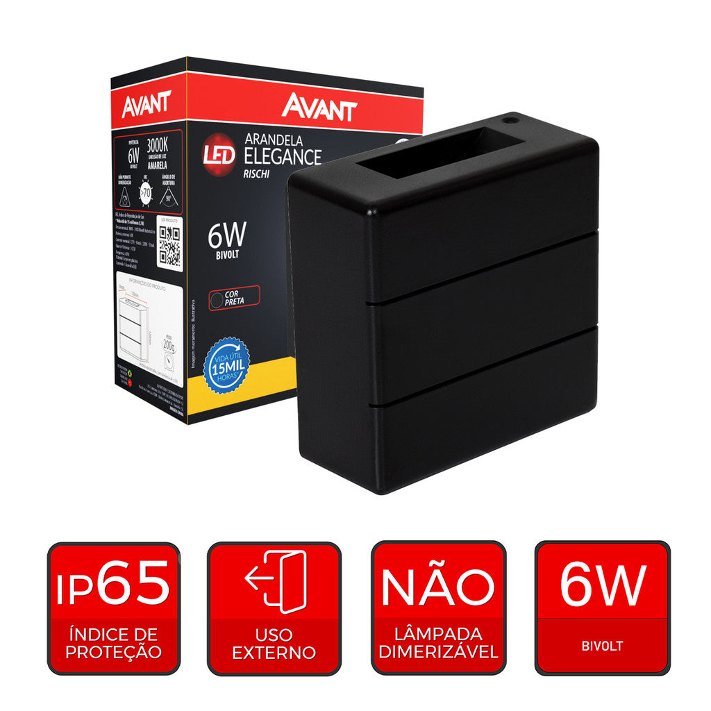 Arandela Led Elegance Rischi 6w 3000k Branco Quente Bivolt Ip65 a prova d'água Preto Avant