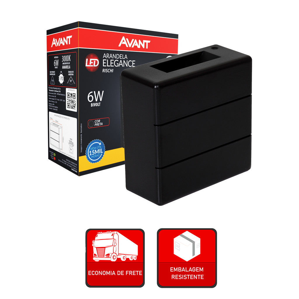 Arandela Led Elegance Rischi 6w 3000k Branco Quente Bivolt Ip65 a prova d'água Preto Avant