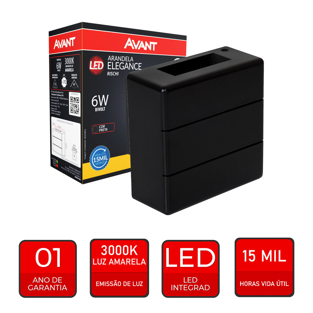 Arandela Led Elegance Rischi 6w 3000k Branco Quente Bivolt Ip65 a prova d'água Preto Avant